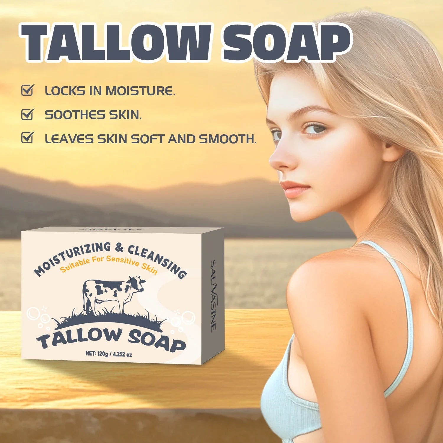 120g Handmade Beef Tallow Soap Bar Face & Body Wash Skin Moisturizer Smooth Natural Grass Fed Tallow Soap for Sensitive Skin