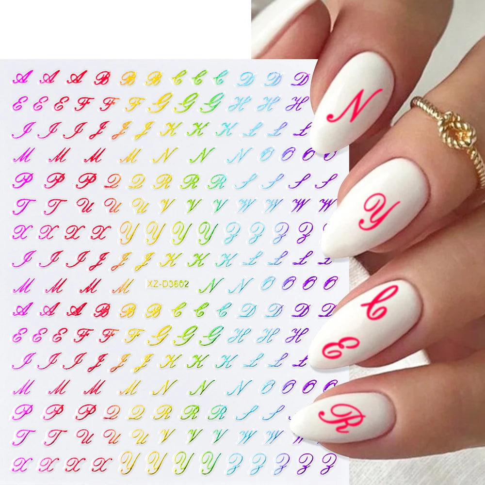 1Pc 3D Roman Letter Nail Stickers Gold/Silver/Black/Laser Alphabet Self Adhesive Decal Y2K English Words/Number Manicure Sliders