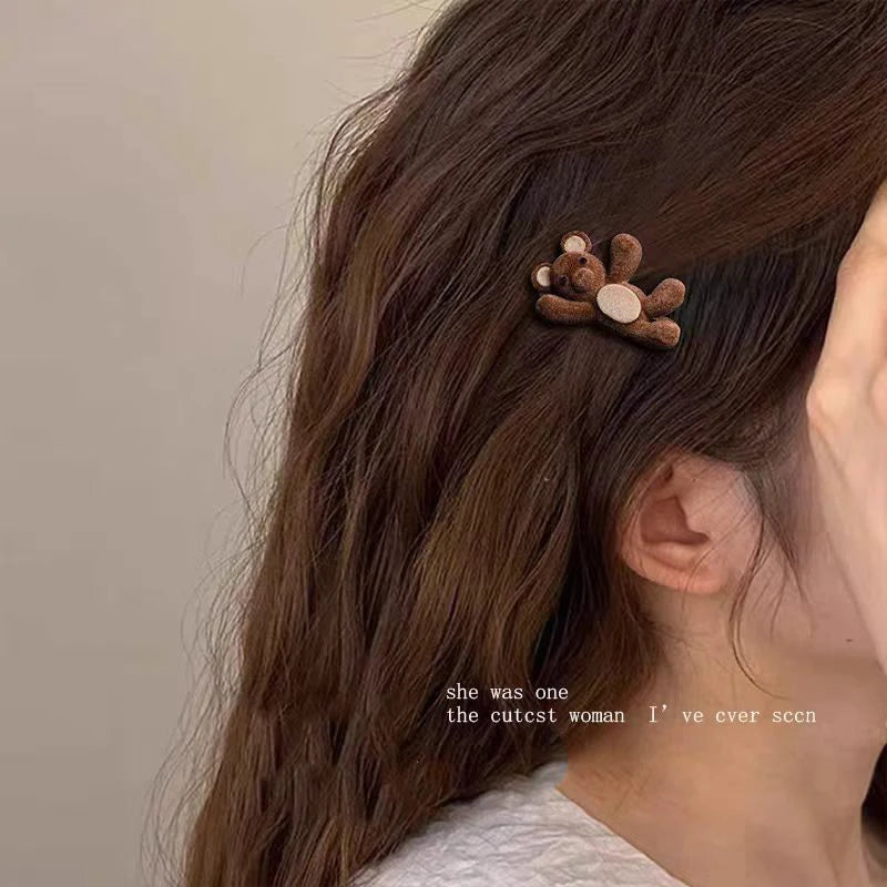 Cute Flocking Cartoon Bear Metal Hairpin For Women Girls Sweet Hair Ornament Side Hair Clip Barrette Fashion Hair Accessories.