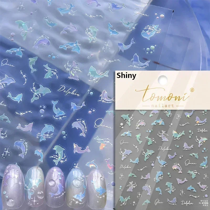 Sea Wave Jellyfish Starfish Conch Shell Dolphin Pearl Summer Beach Goldfish Water Bubble Mermaid Koi INS Nail Art Stickers Decal
