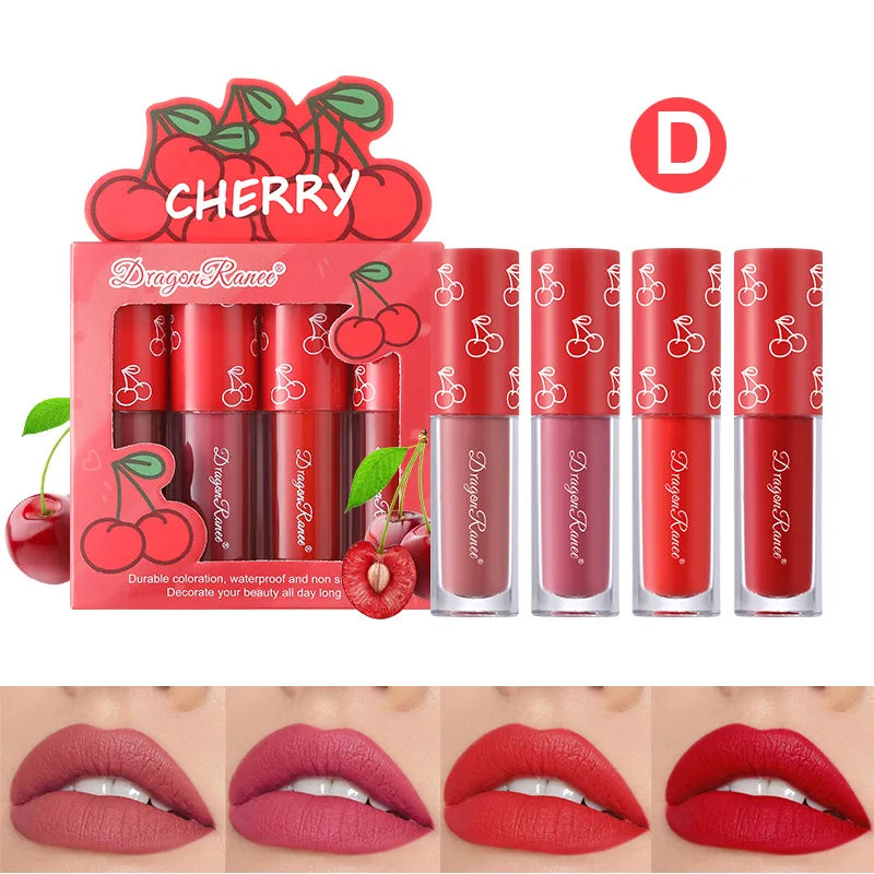 Mini Velvet Matte Lip Gloss Set, 4-Piece Non-Fading, Non-Stick Cup, Long-Lasting Fruit Scented Lip Tint, Smooth and Lightweight