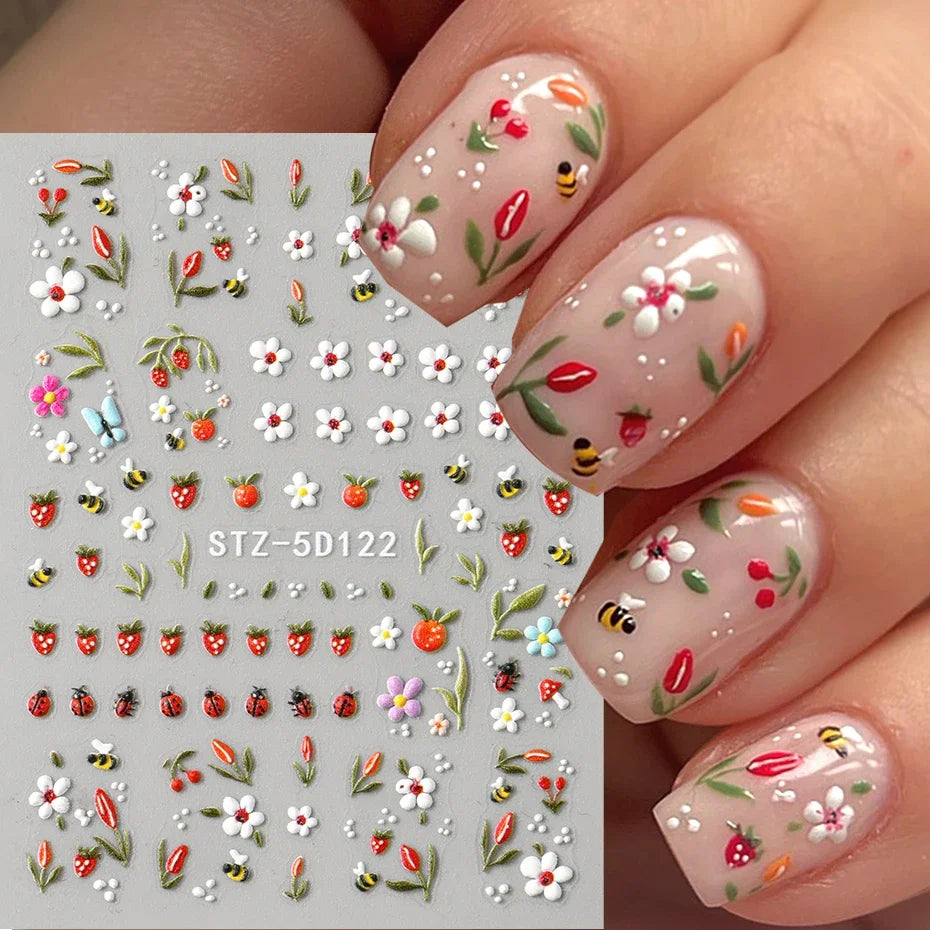 3D Embossed Kawaii Ladybug Sliders Spring White Daisy Flowers Nail Stickers DIY Simple Petals Wedding Nails Decals Accesories