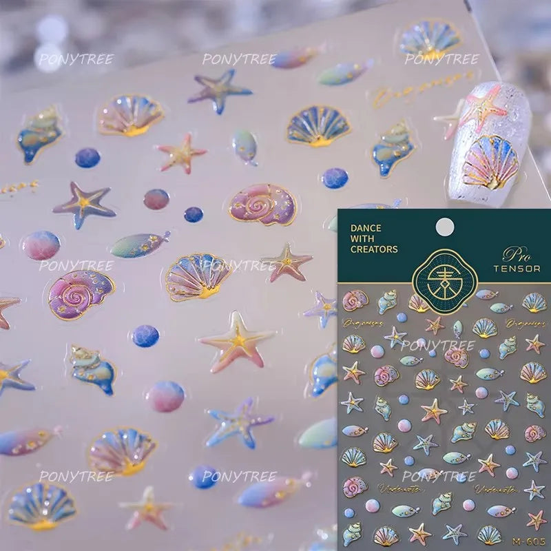 Sea Wave Jellyfish Starfish Conch Shell Dolphin Pearl Summer Beach Goldfish Water Bubble Mermaid Koi INS Nail Art Stickers Decal
