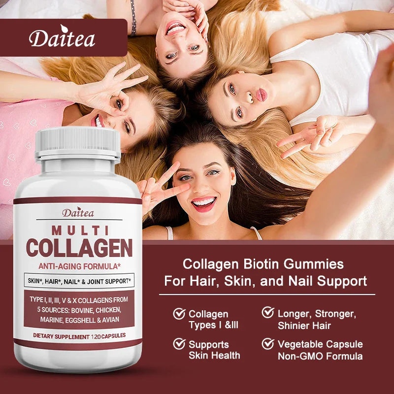 Multi-Collagen Peptides Powder with Collagen Types I, II, III, V and X, Hair, Nails and Joint Support, Anti-Aging