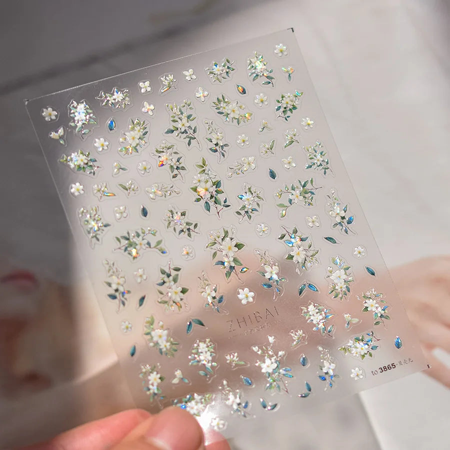 1pcs 5D Glitter Jasmine Flower Nail Stickers Kawaii Embossed Flower Self-Adhesive Nail Art Decorations Decal Manicure Tools DIY