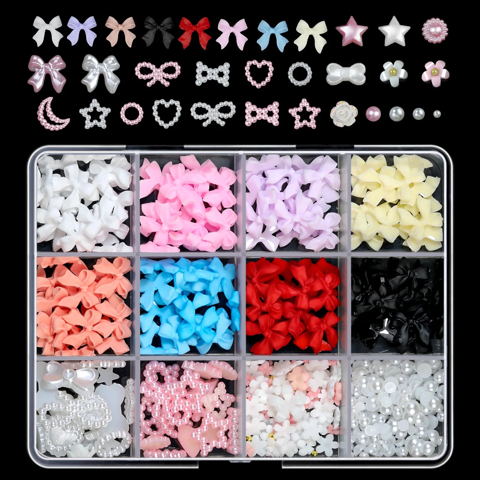 1 Box Pink White Series Bow Heart Nail Charms 3D Arcylic Nail Art Decorations Pearl 5-petal Flower Jewelry Manicure Accessories*