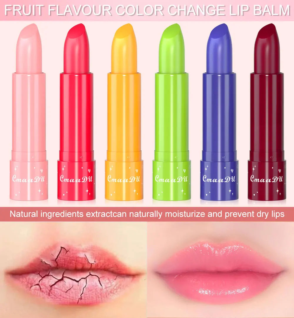 6-Color Fruity Scent Color-Changing Lipstick, Moisturizing and Hydrating, Long-Lasting Lip Balm with Smooth and Soft Texture