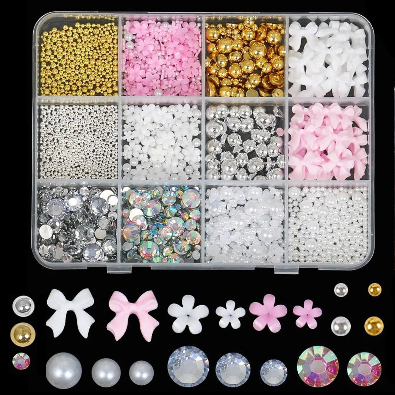 1 Box Pink White Series Bow Heart Nail Charms 3D Arcylic Nail Art Decorations Pearl 5-petal Flower Jewelry Manicure Accessories*