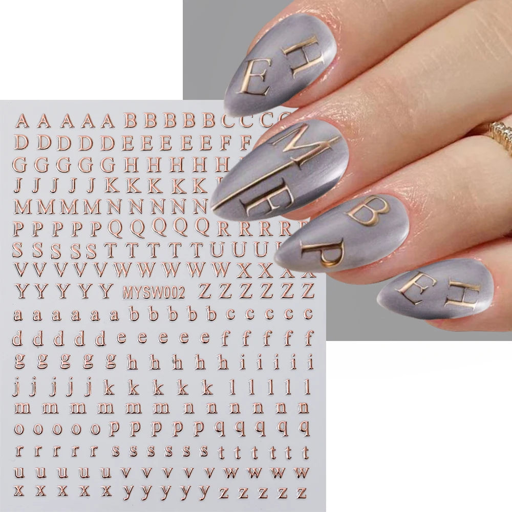 1Pc 3D Roman Letter Nail Stickers Gold/Silver/Black/Laser Alphabet Self Adhesive Decal Y2K English Words/Number Manicure Sliders