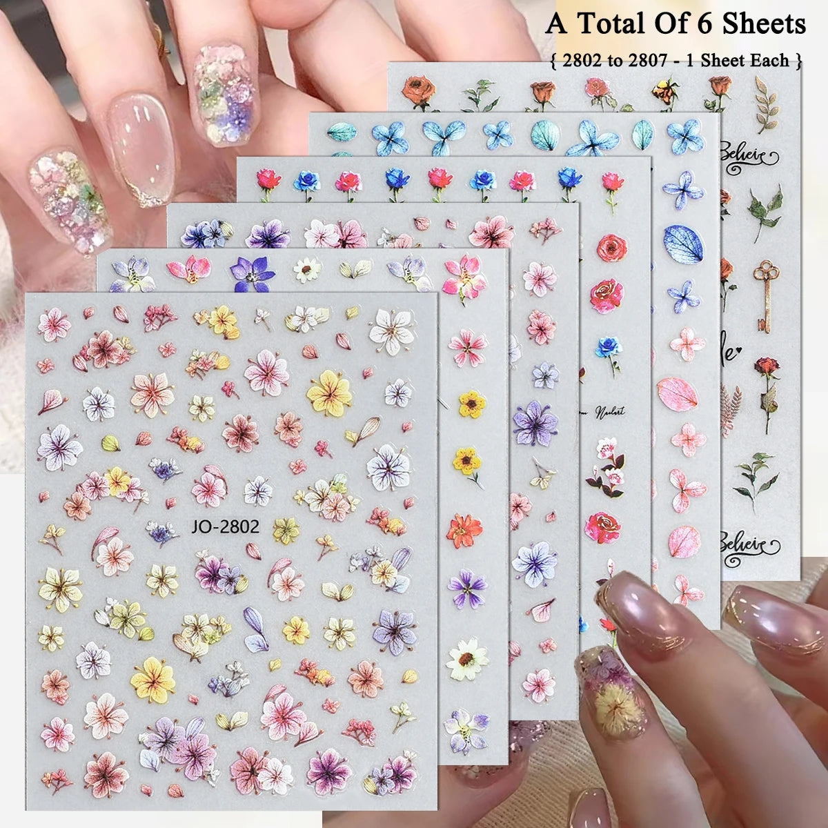 3 to 30 Sheets Floral Nail Stickers Watercolor Flower Petal Botanical Spring Garden Soft Pastel Self-Adhesive Nail Art Decals