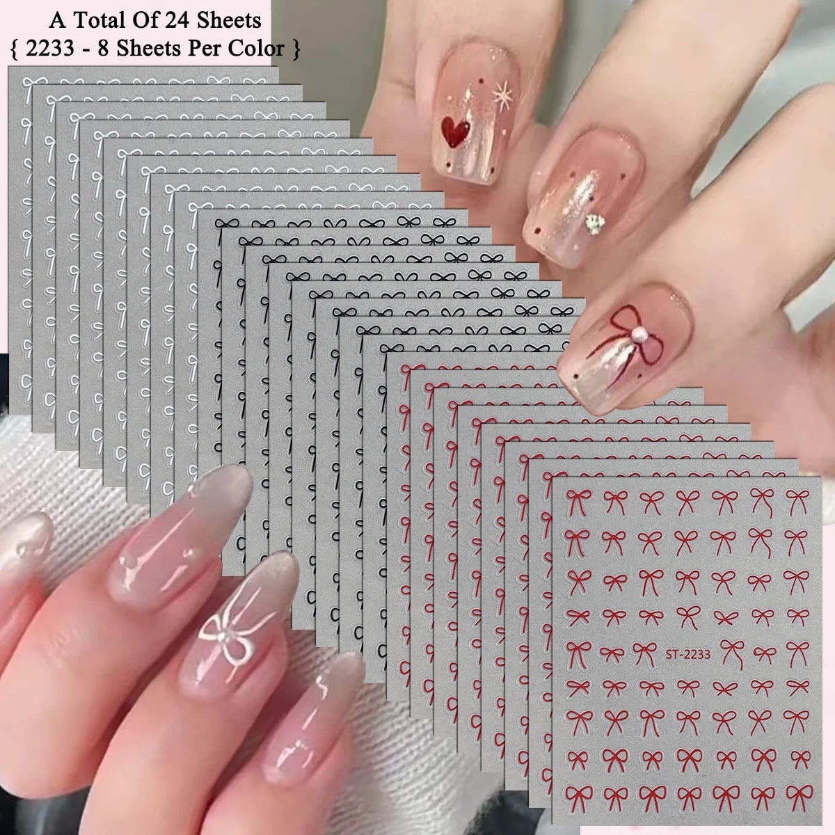 2 to 30 Sheets 3D Bow Nail Art Stickers, Mini Ribbon Outline Decals, Transparent Self-Adhesive Cute Design for DIY Manicure