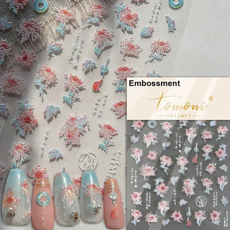 1pcs 5D Glitter Jasmine Flower Nail Stickers Kawaii Embossed Flower Self-Adhesive Nail Art Decorations Decal Manicure Tools DIY