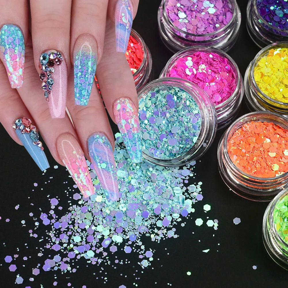 12Pcs Iridescent Nail Art Glitter Sequins Holographic Mix Hexagon Chunky Flakes DIYGel Polish Crafts Manicure Decorations Powder