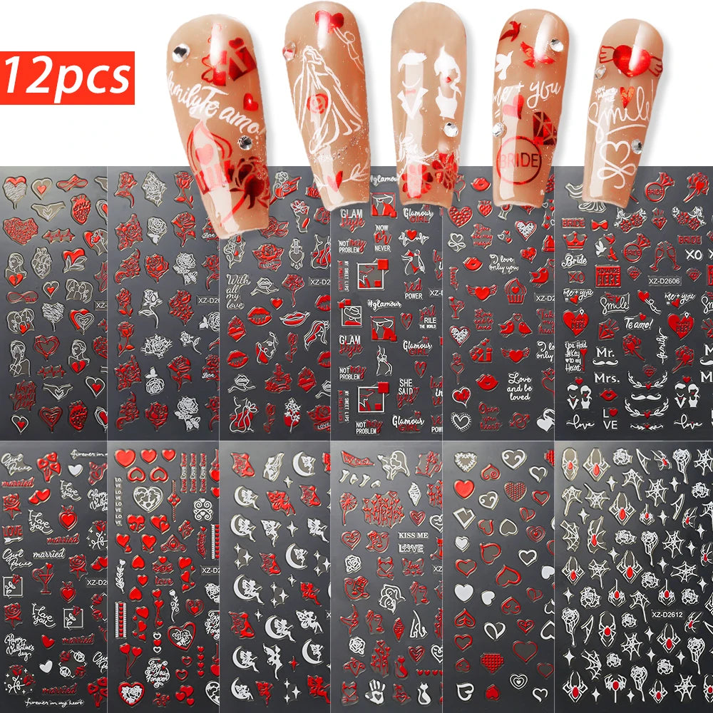 8pc 3D Mixed Color Heart Nail Stickers Valentines' Day Sweet Red Pink Love Selfadhesive Nail Decoration Decals Manicure Supplies