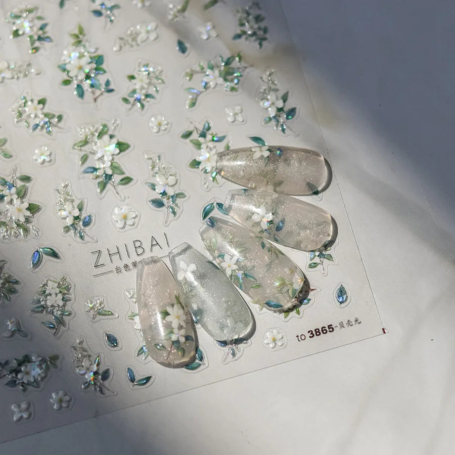 1pcs 5D Glitter Jasmine Flower Nail Stickers Kawaii Embossed Flower Self-Adhesive Nail Art Decorations Decal Manicure Tools DIY
