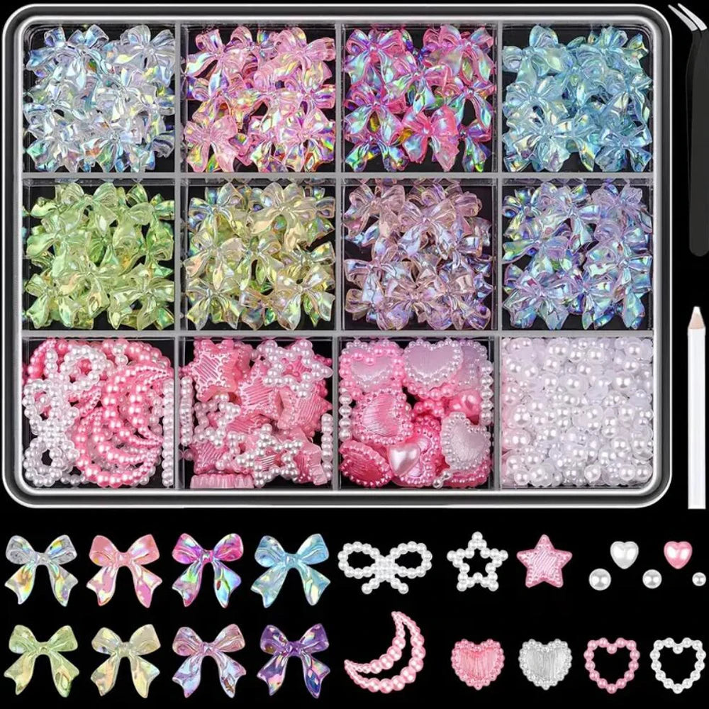 1 Box Pink White Series Bow Heart Nail Charms 3D Arcylic Nail Art Decorations Pearl 5-petal Flower Jewelry Manicure Accessories*