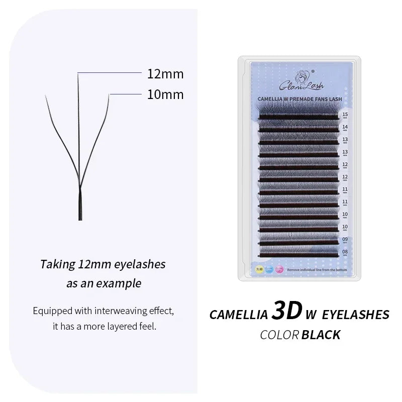 GLAMLASH Camellia 4D 5D W Shaped Eyelash C D L LU M Lashes Extensions Wholesales Premade Volume 12 Rows W Style Natural Soft