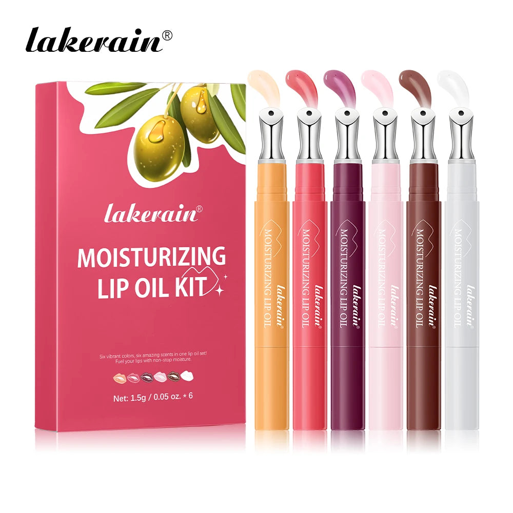 Lakerain Crystal Moisturizing Lip Oil Set of 6 Colors Pen Tip Design Long Lasting Tender Lip Balm Anti Dry Cracked Lip Makeup