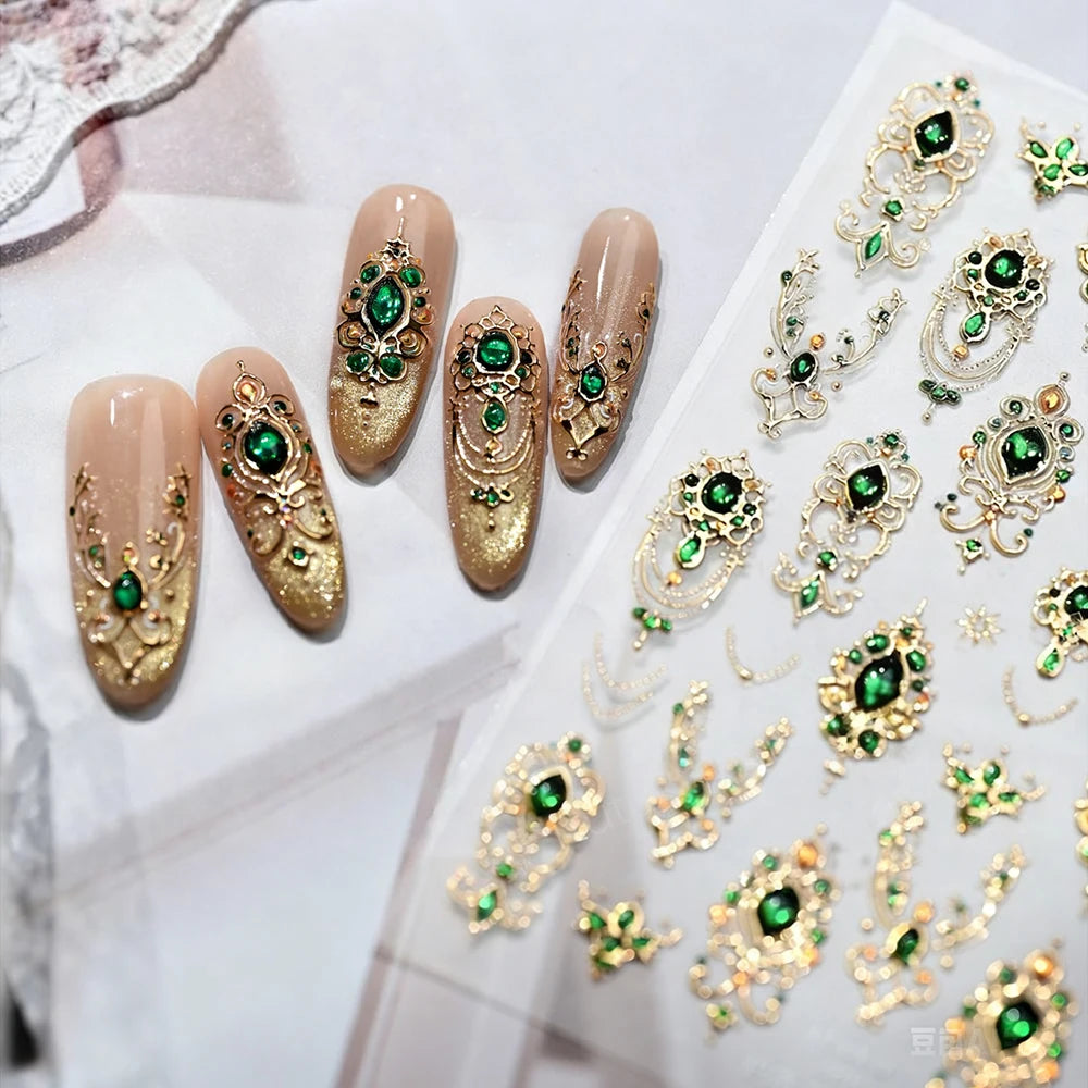 5D Embossed Emerald Gemstones Nail Art Stickers Luxury Golden Frame Baroque Flower Nail Decals Green Rhinestones Nail Supplies