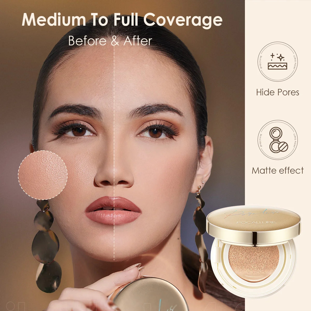 FOCALLURE Foundation Air Cushion Waterproof Matte Base Poreless High Coverage Face Cream Nutritious Smooth Foundation Makeup