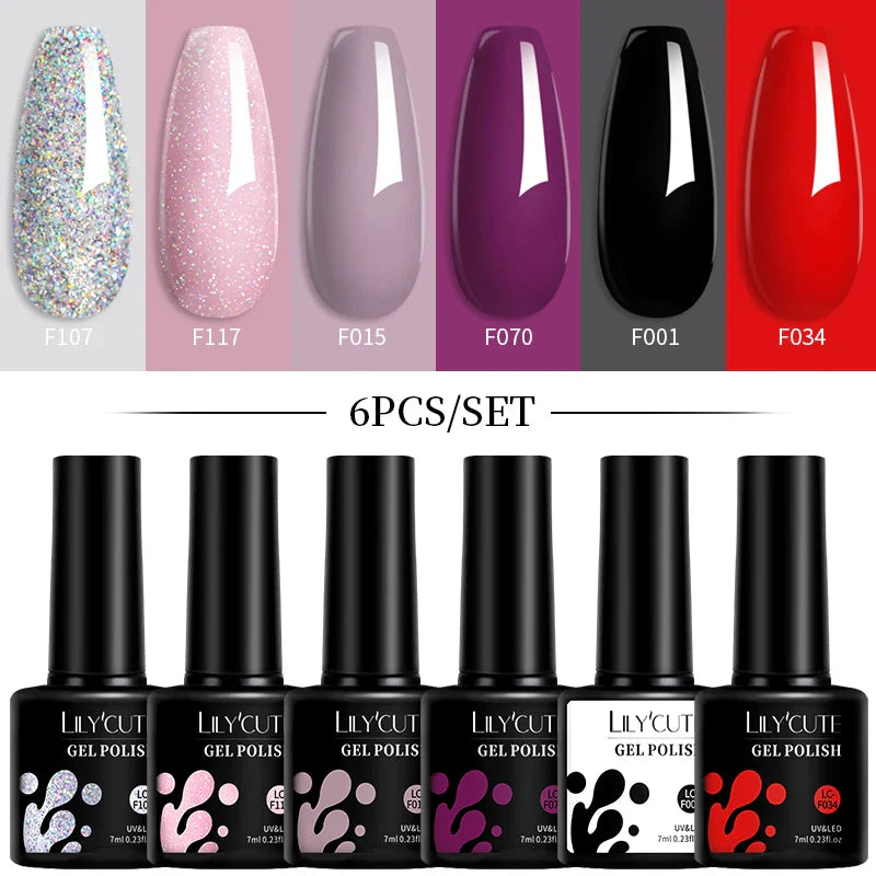 LILYCUE 6Pcs/Set Red Nude Glitter Gel Nail Polish Gorgeous Full Coverage Soak Off UV Gel Nail Art Base Top Coat Gel Polish Kits