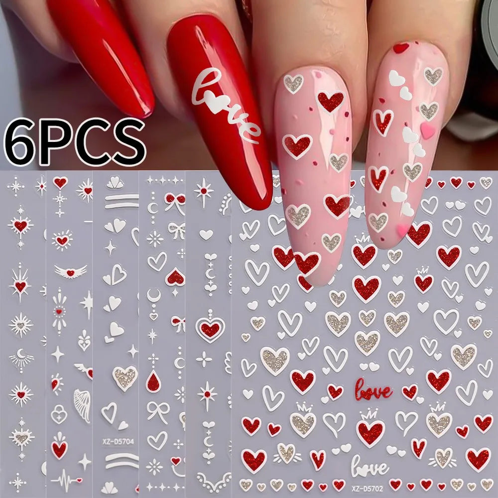 8pc 3D Mixed Color Heart Nail Stickers Valentines' Day Sweet Red Pink Love Selfadhesive Nail Decoration Decals Manicure Supplies