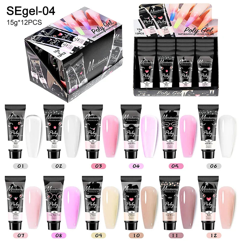 12pcs/set Extension Gel Nail Art Semi Permanent Acrylic Glitter Fluorescent Nude Colorful Fast Building Hybrid Varnish UV Nails