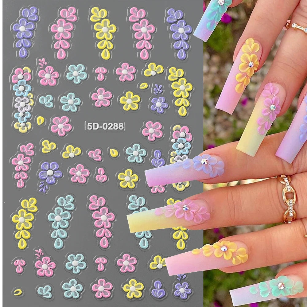 1PC 5D Macaron Flower/Fruit Nail Charms Sticker Embossed Bear/Rabbit/Letter Nails Slider Decals Summer Adhesive Manicure Decor&Y