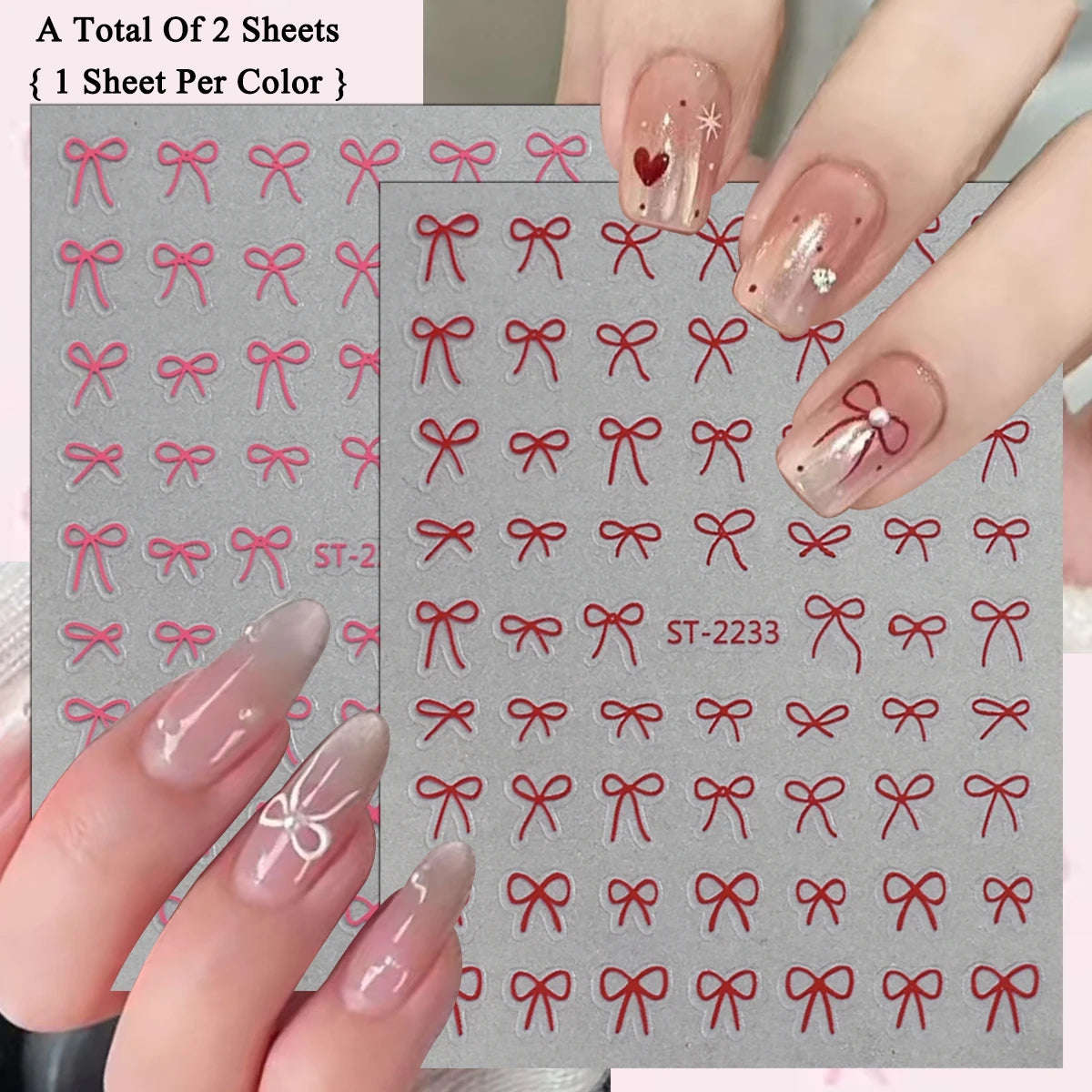 2 to 30 Sheets 3D Bow Nail Art Stickers, Mini Ribbon Outline Decals, Transparent Self-Adhesive Cute Design for DIY Manicure