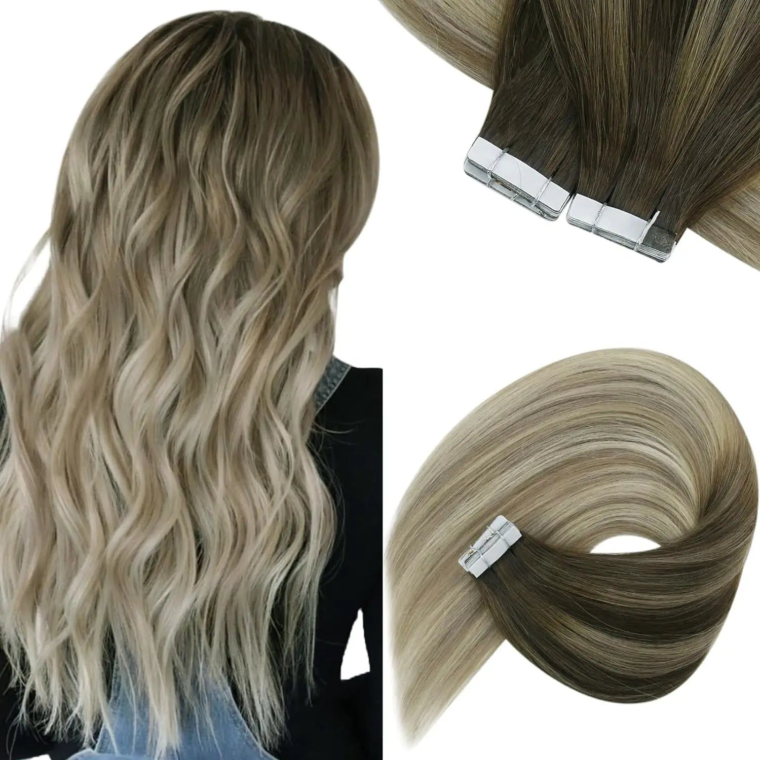 [NEW]VeSunny Tape In Hair Extensions Human Hair Real Natural Hair Balayage Color #4-14-60 Skin Weft Straight Seamless Hair