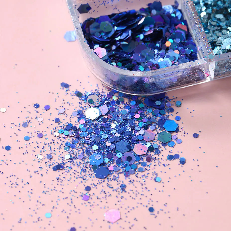 12Grid Royal Blue Mixed Glitter Nail Flakes Holographic Hexagon Irregular Sequins Sliced Sparkly Pigment Powder Manicure Decor