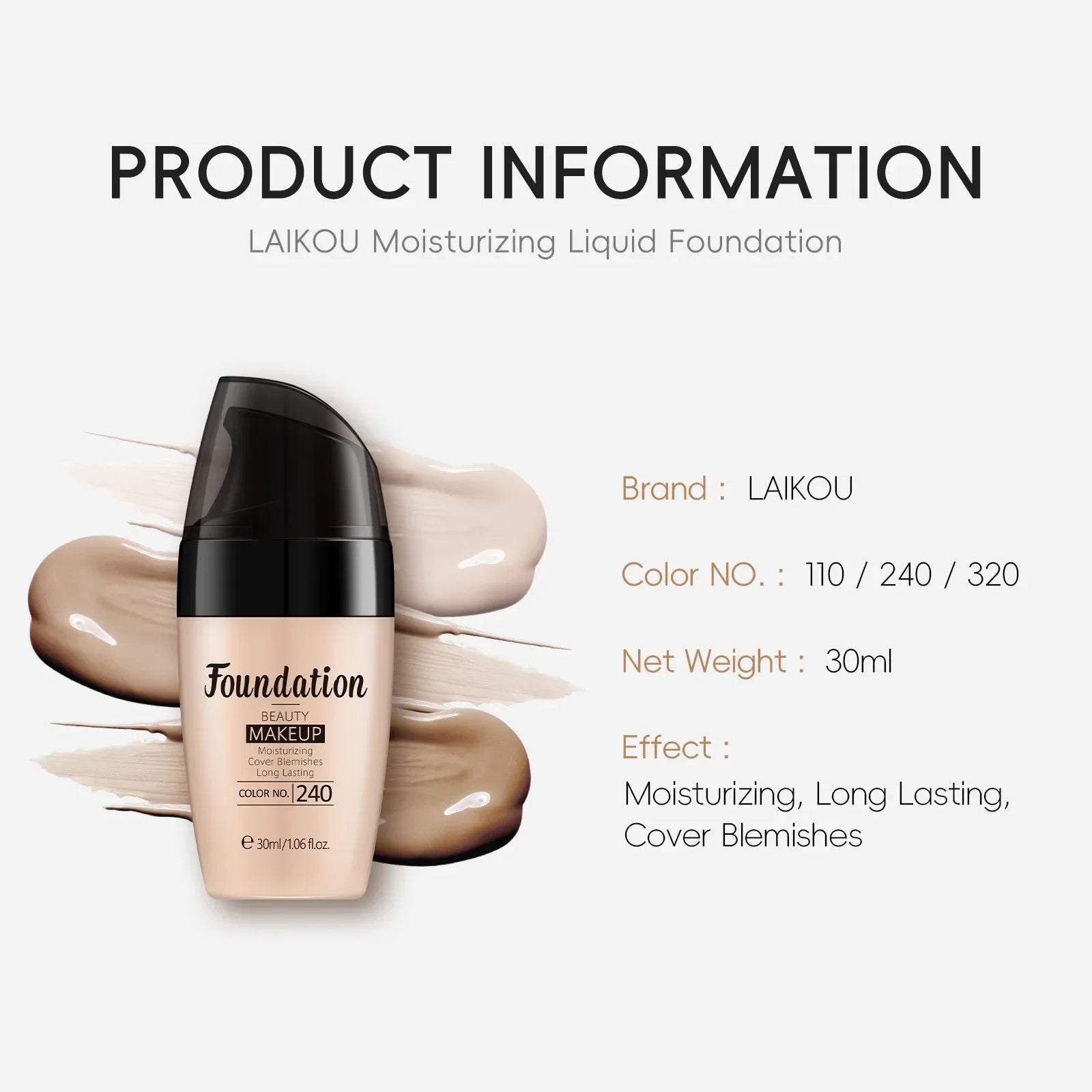 LAIKOU Liquid Foundation Moisturizing Long Lasting Face Comestics Waterproof, Full Coverage Concealer for All Skin Tones 30ml
