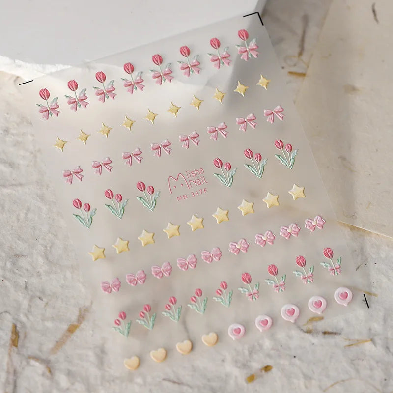 1pcs 5D Glitter Jasmine Flower Nail Stickers Kawaii Embossed Flower Self-Adhesive Nail Art Decorations Decal Manicure Tools DIY