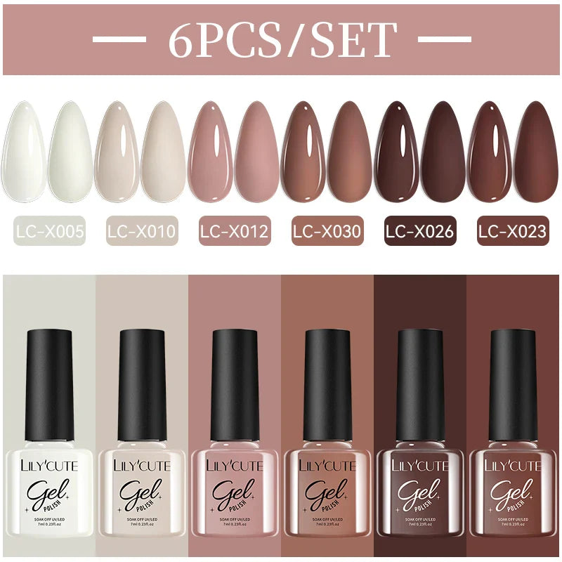 LILYCUE 6Pcs/Set Red Nude Glitter Gel Nail Polish Gorgeous Full Coverage Soak Off UV Gel Nail Art Base Top Coat Gel Polish Kits