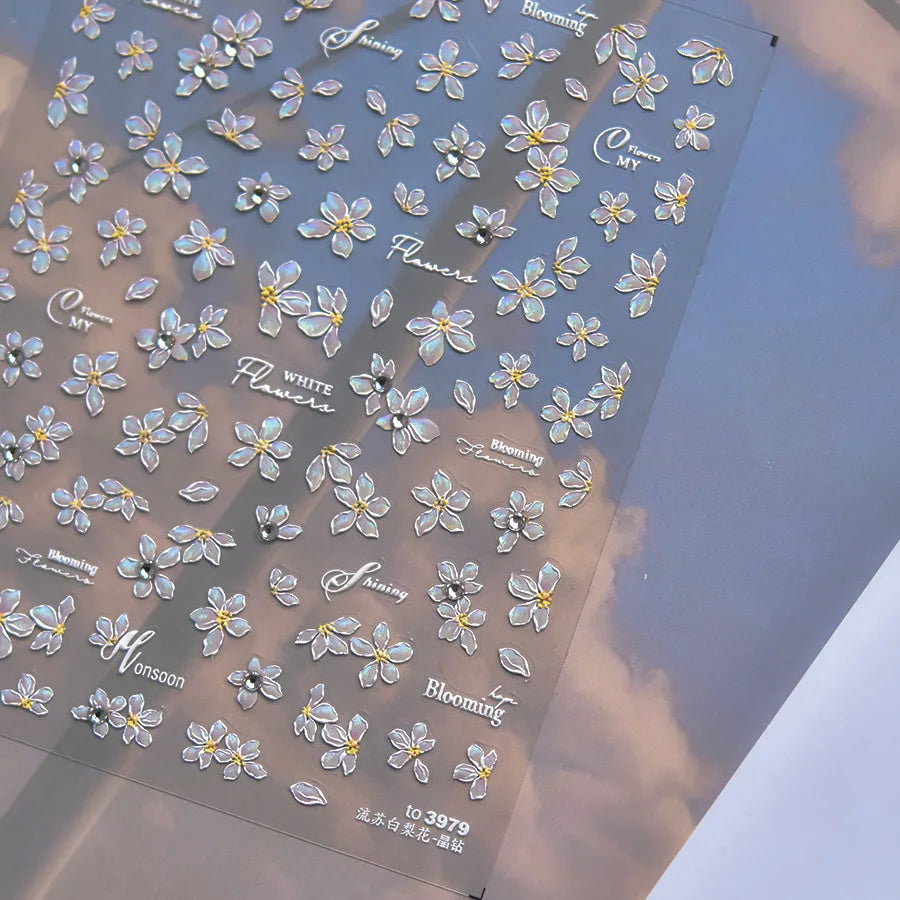 Elegant Flowers Nail Art Stickers 5D Crystal Diamond Nails Decorations Stickers Tassel White Pear Blossom DlY Autumn Nail Decals