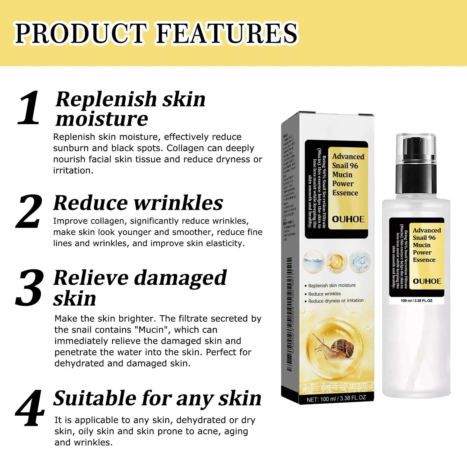 Snail Mucin Peptide Essence,Hyaluronic Acid Skin Repair Serum,Lightens Wrinkles And Dark Spots,Face Moisturizing and Hydrating