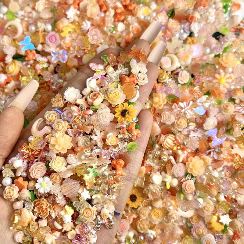 Random Mixed Orange Series Flower Butterfly Nail Charms 3D Resin Sunflower Bear Bow Nail Art Decorations Manicure DIY Supplies