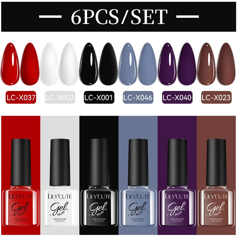 LILYCUE 6Pcs/Set Red Nude Glitter Gel Nail Polish Gorgeous Full Coverage Soak Off UV Gel Nail Art Base Top Coat Gel Polish Kits