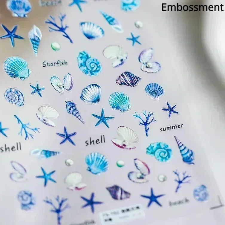 Sea Wave Jellyfish Starfish Conch Shell Dolphin Pearl Summer Beach Goldfish Water Bubble Mermaid Koi INS Nail Art Stickers Decal