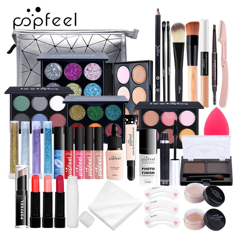 POPFEEL All-in-One Makeup Kit Gift Set with Eyeshadow Palette Foundation Lip Gloss Blush Brushes Eyeliner and More Beauty Gifts