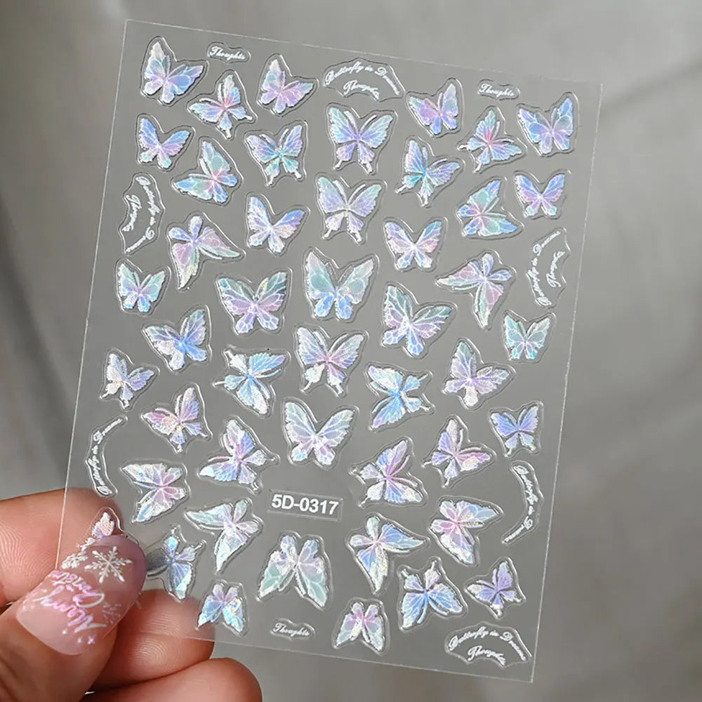 Pink Purple Aurora Shell Butterfly Nail Stickers Shiny Laser 3D Butterflies Nail Decals 8*10cm Adhesive Aurora Shell Butterfly N