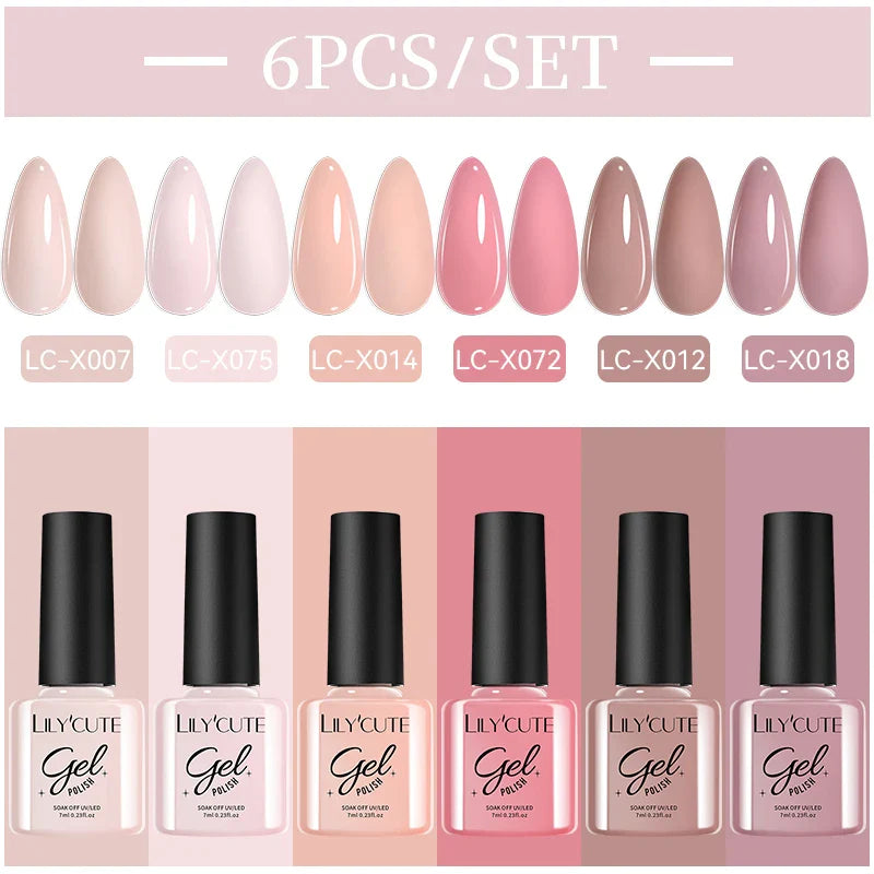 LILYCUE 6Pcs/Set Red Nude Glitter Gel Nail Polish Gorgeous Full Coverage Soak Off UV Gel Nail Art Base Top Coat Gel Polish Kits