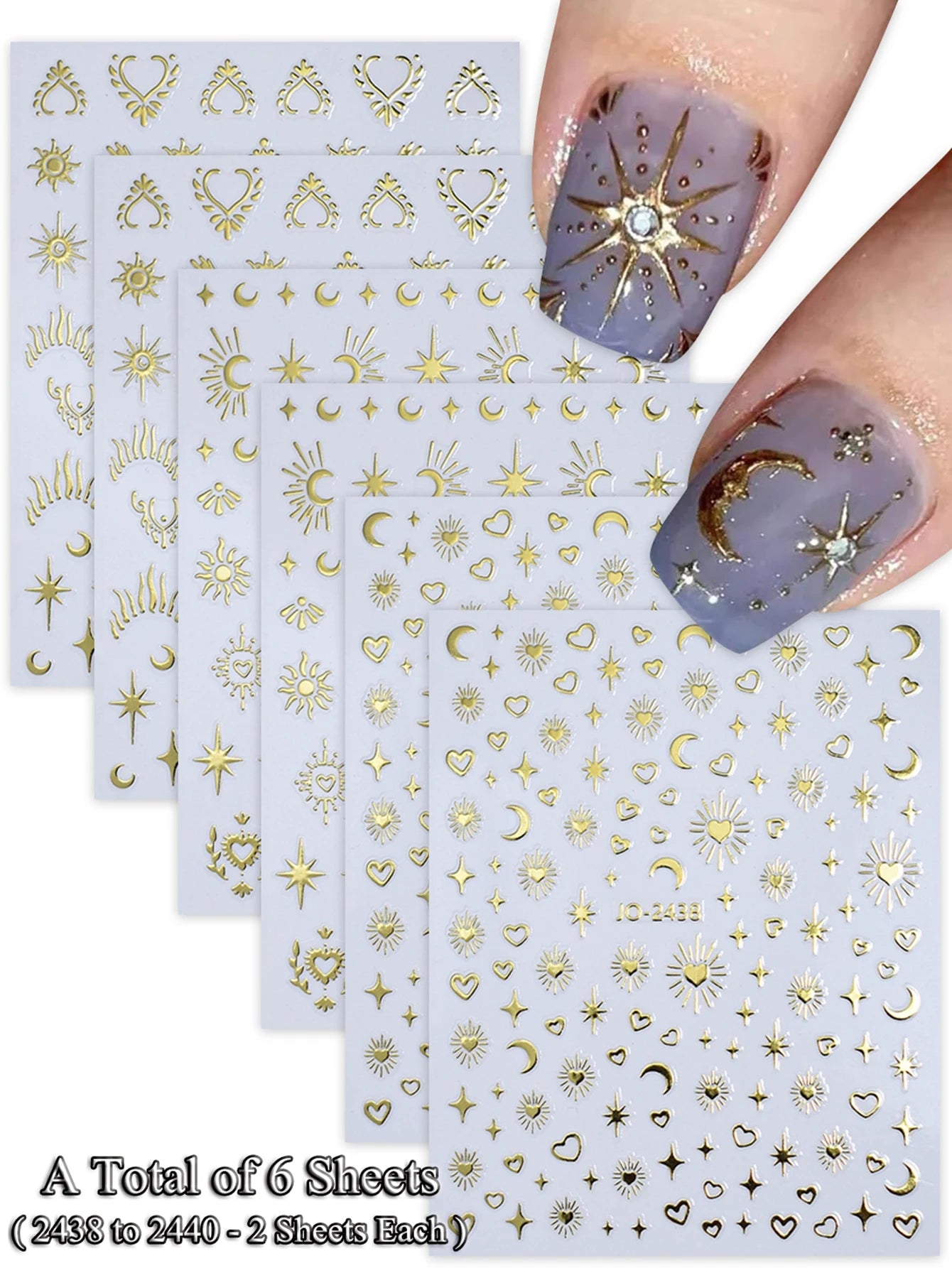 6/12 Sheets Gold & Silver Star, Moon & Heart Nail Stickers, Self-Adhesive 3D Nail Art Decals for DIY Manicure Decoration