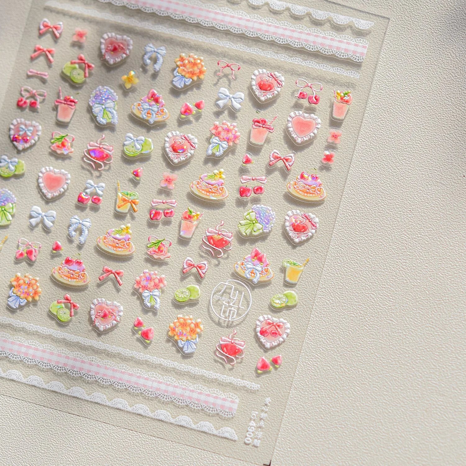 Nail Art Stickers Cute Manicure Decals Lovely Strawberry Muffin Cream Cake Ice Cream Bowknot 5D Embossed Reliefs Self Adhesive