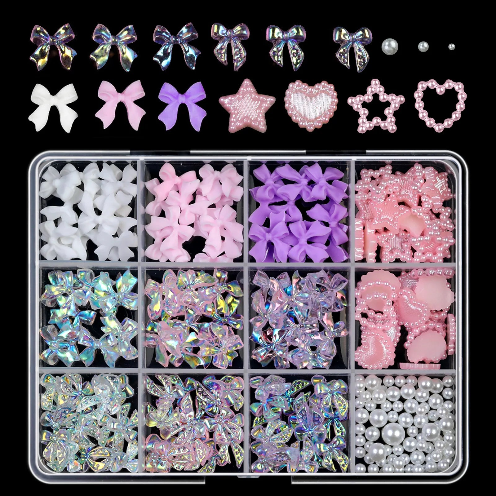 1 Box Pink White Series Bow Heart Nail Charms 3D Arcylic Nail Art Decorations Pearl 5-petal Flower Jewelry Manicure Accessories*