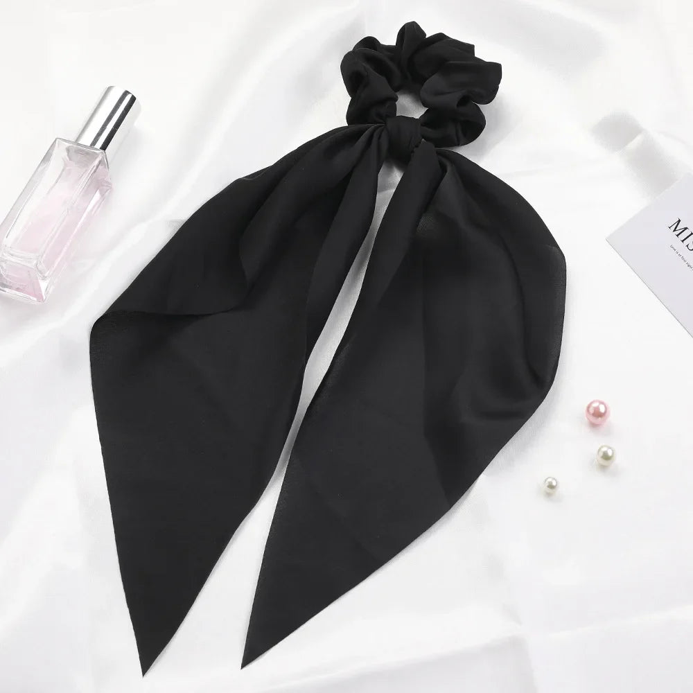 2023 Fashion Print Chiffon Long Ribbon Scrunchies Women Girls Ponytail Scarf Elastic Hair Bands Ties Hair Accessories Wholesale