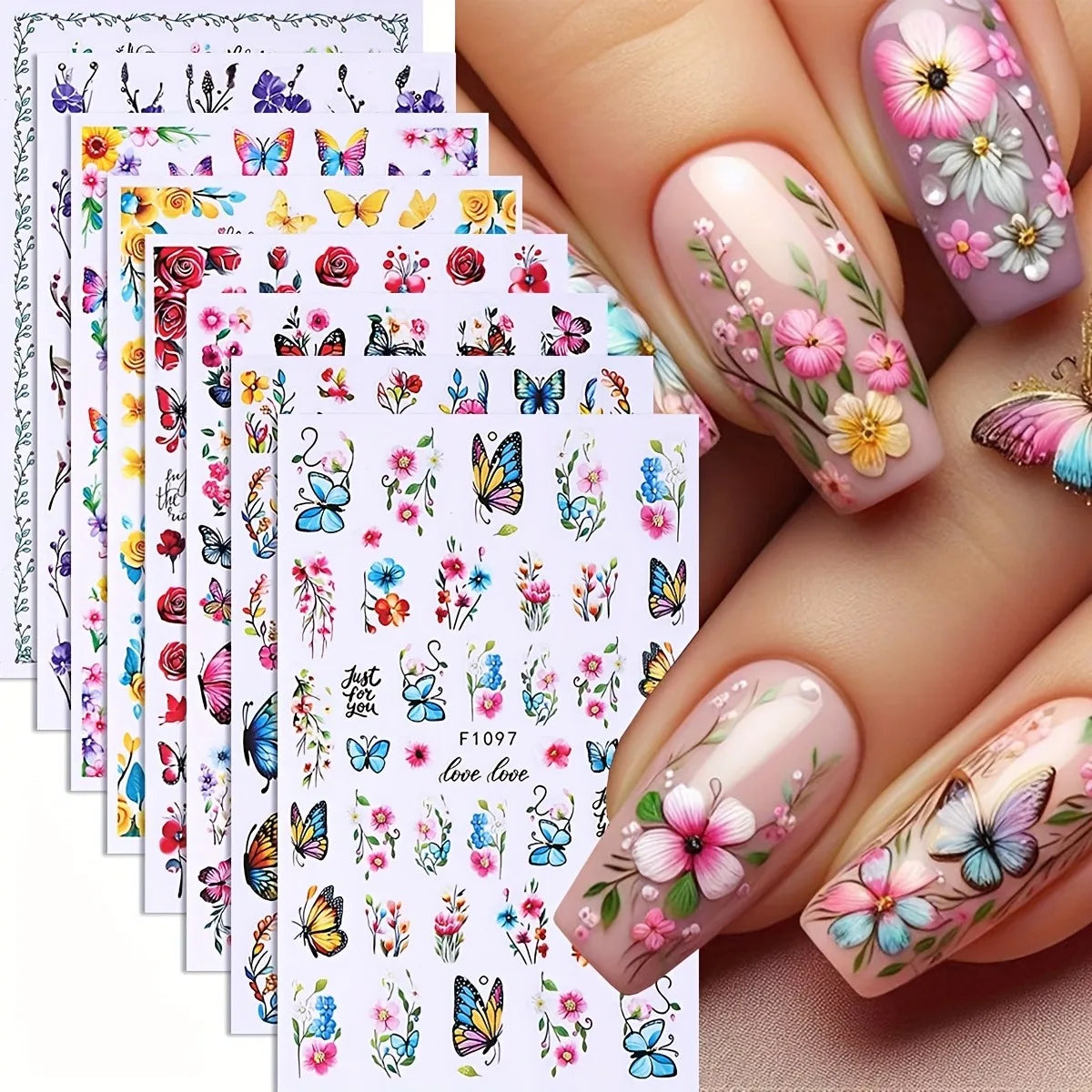 Spring and summer flower butterfly nail stickers, used for DIY nail decoration in daily life, festivals, parties, and weddings