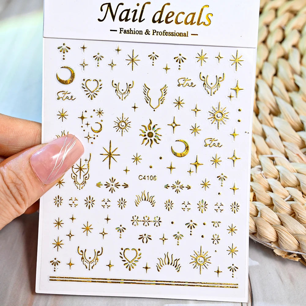 3D Gold/ Silver Star/Sun/Moon Bronzing Nail Art Sticker Laser Star Moon Styles Nail Decal Gold Silver Self-Adhesive Slider 1Pcs