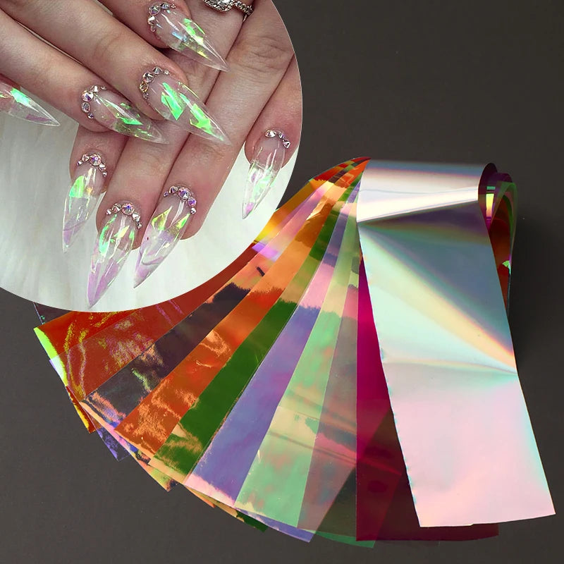 12pcs Aurora Foils Nail Art Stickers Holographic Laser Glass Paper Iridescent Cellophane Sliders Y2K Ice Cube Nail Art Decor