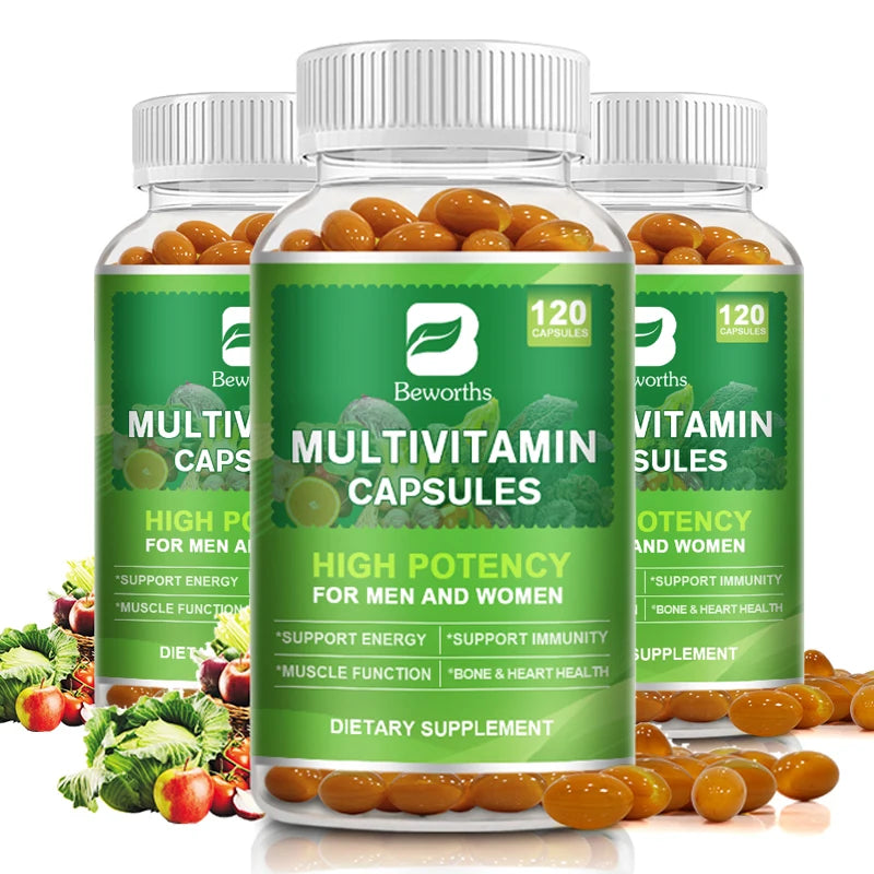 BEWORTHS Multivitamin Capsules Support Brain, Nerve &Digestive Health Improve Focus Relieve Stress Protect Heart,Bone,Skin& Hair
